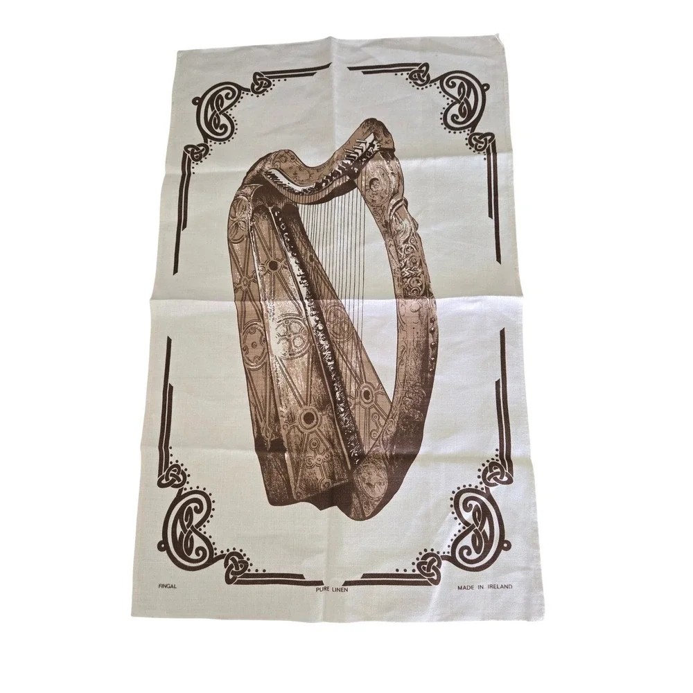 Vintage Fingal Tea Towel Cream Brown Irish Linen Harp Celtic Knot Ireland 18x30